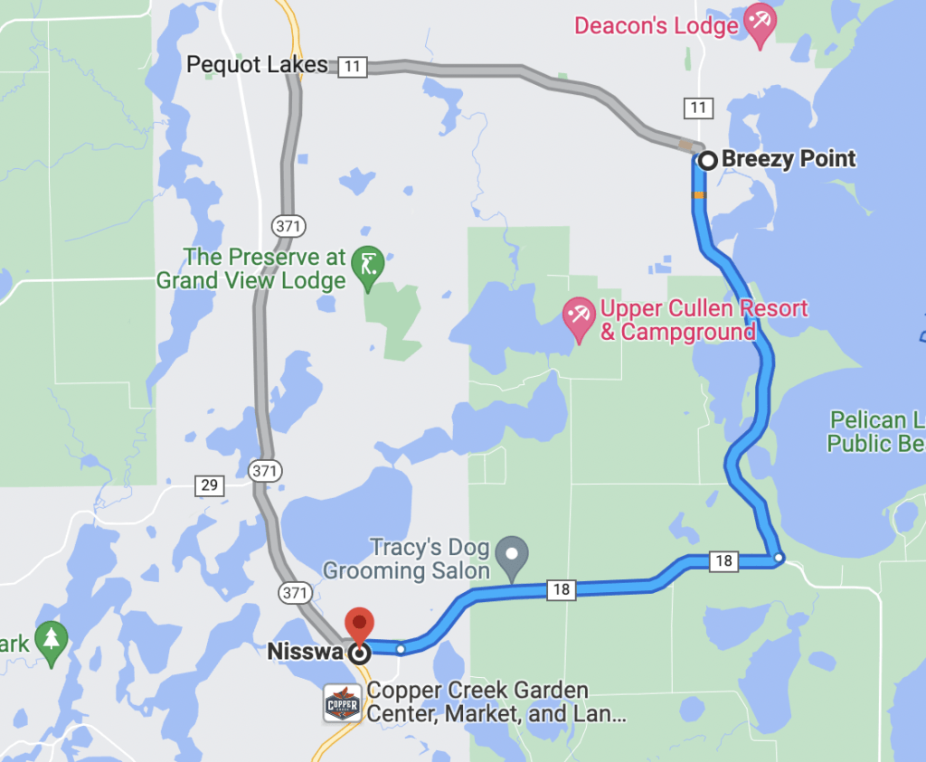 screenshot from Google Maps showing the route from Breezy Point to nearby town of Nisswa