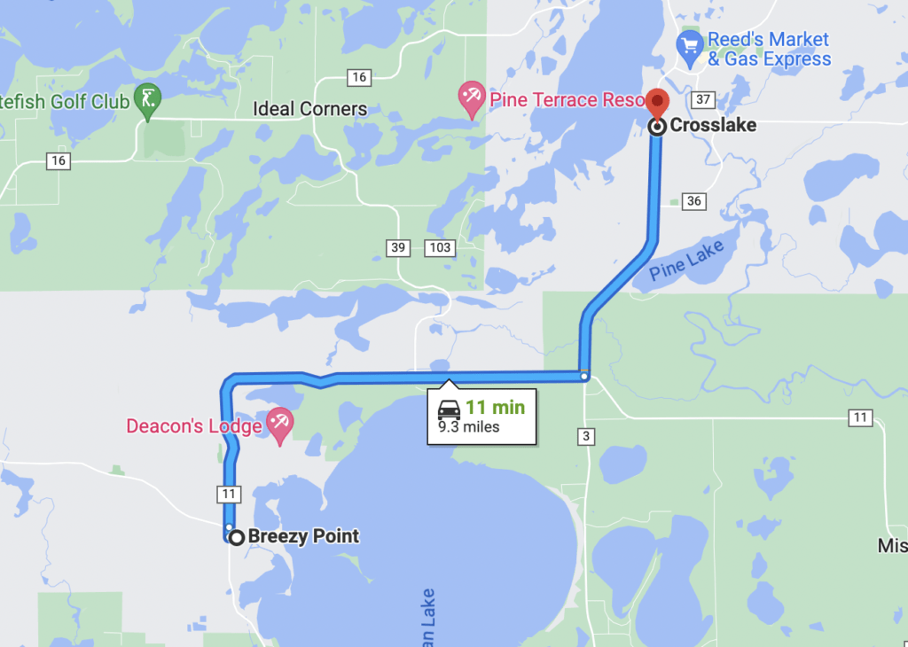 screenshot from Google Maps showing the route from Breezy Point to nearby town of Crosslake