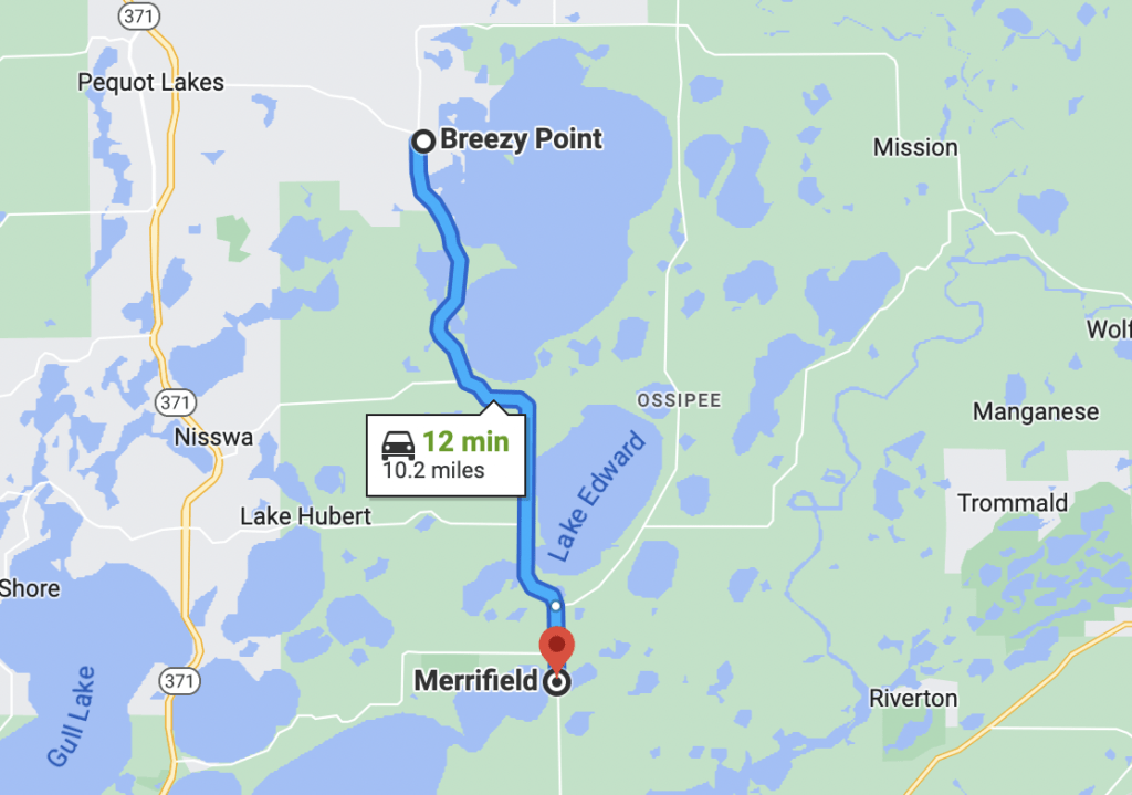 screenshot from Google Maps showing the route from Breezy Point to nearby town of Merrifield