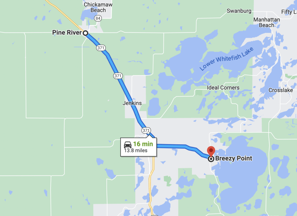 screenshot from Google Maps showing the route from Breezy Point to nearby town of Pine River