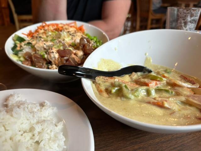 Green curry from Lakes Tavern. Poke bowl in the background.