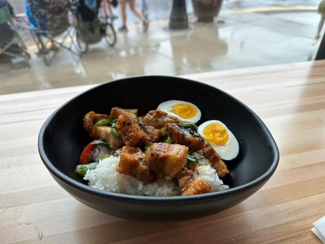 basil rice bowl with pork belly from Drunken Noodle in Crosby, Minnesota